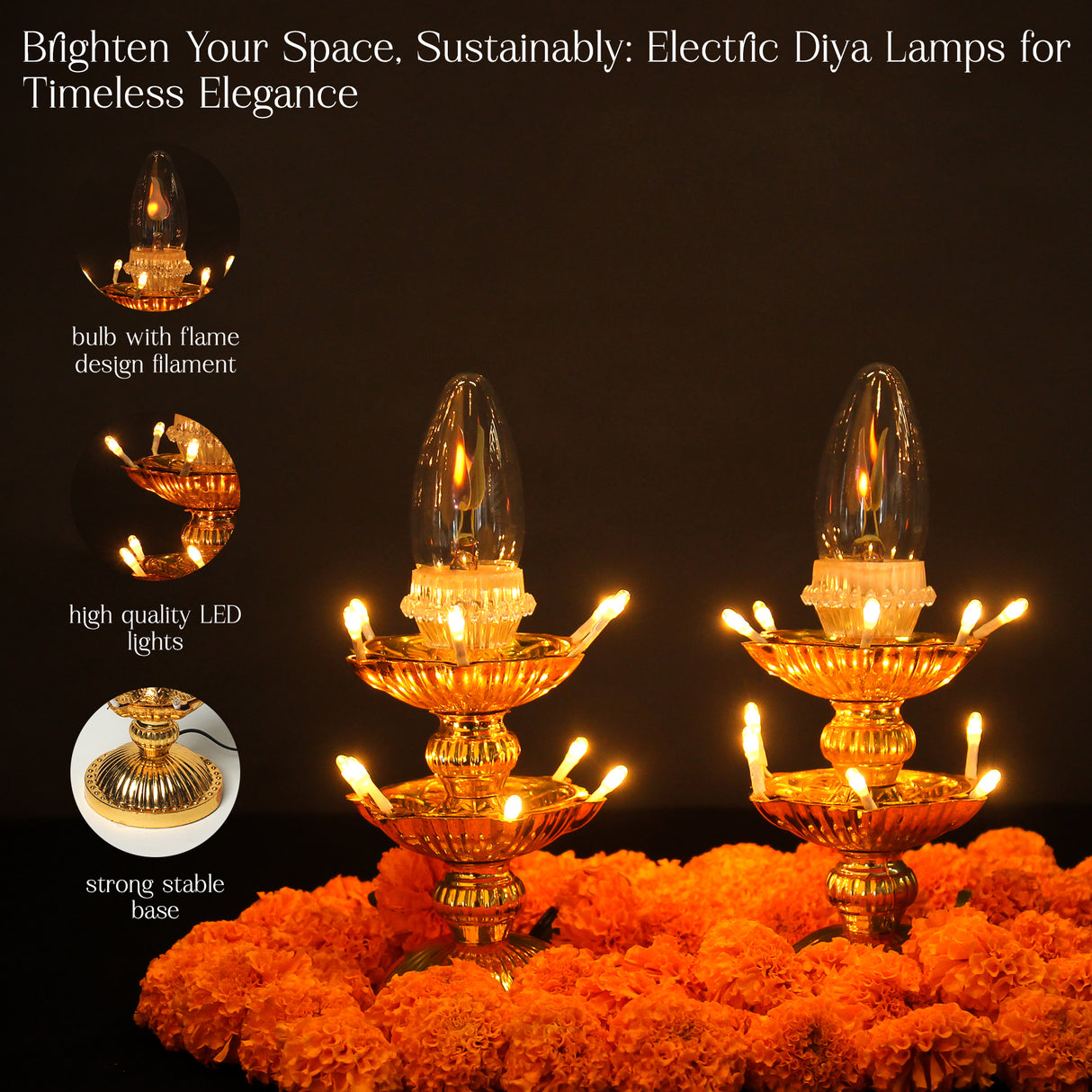 Electric Golden LED Pooja Diya Lamp with Flame Bulb – Mandir Decoration & Festival Lighting