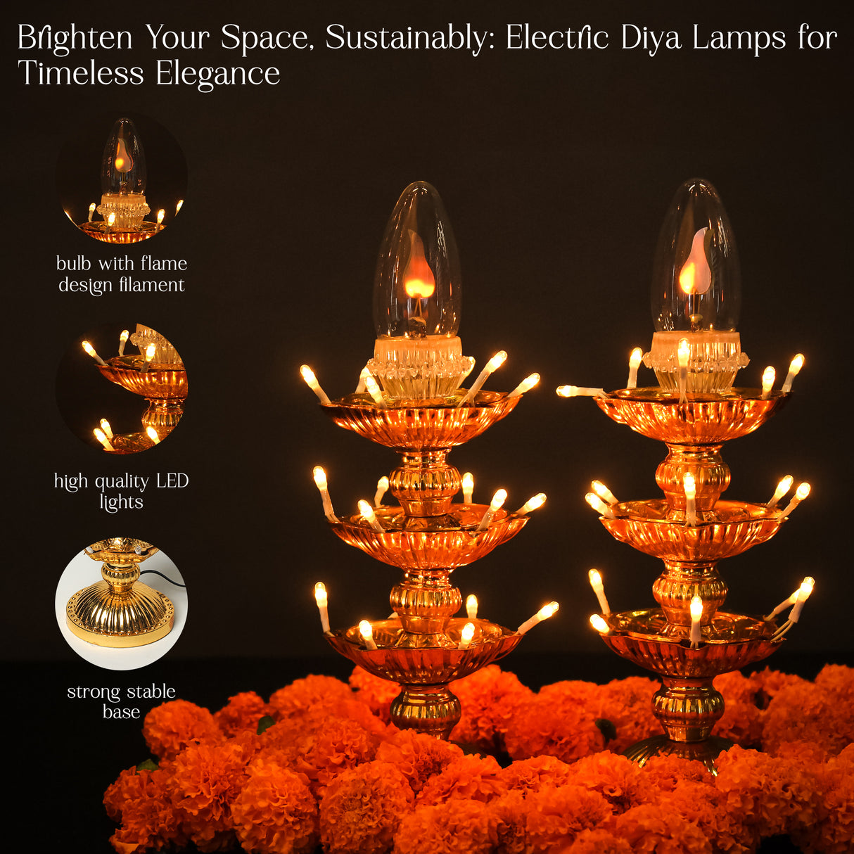 Electric Golden LED Pooja Diya Lamp with Flame Bulb – Mandir Decoration & Festival Lighting