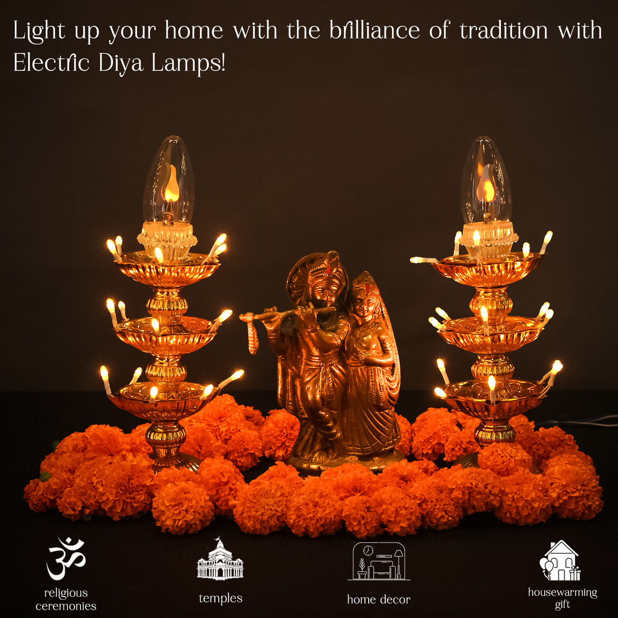 Electric Golden LED Pooja Diya Lamp with Flame Bulb – Mandir Decoration & Festival Lighting