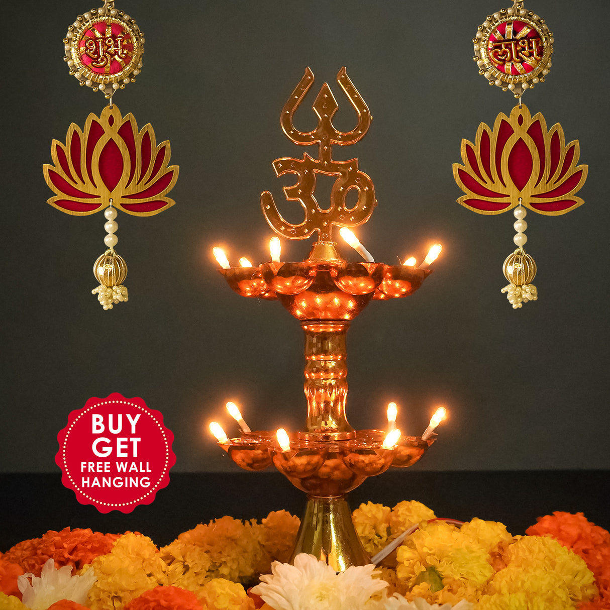 Get FREE Wall Hanging | Electric Diya Lamp for Mandir Décor | OM & Trishul Design | Multi-Level Deepam Vilakku for Diwali, Pooja, Temple, and Home Décor