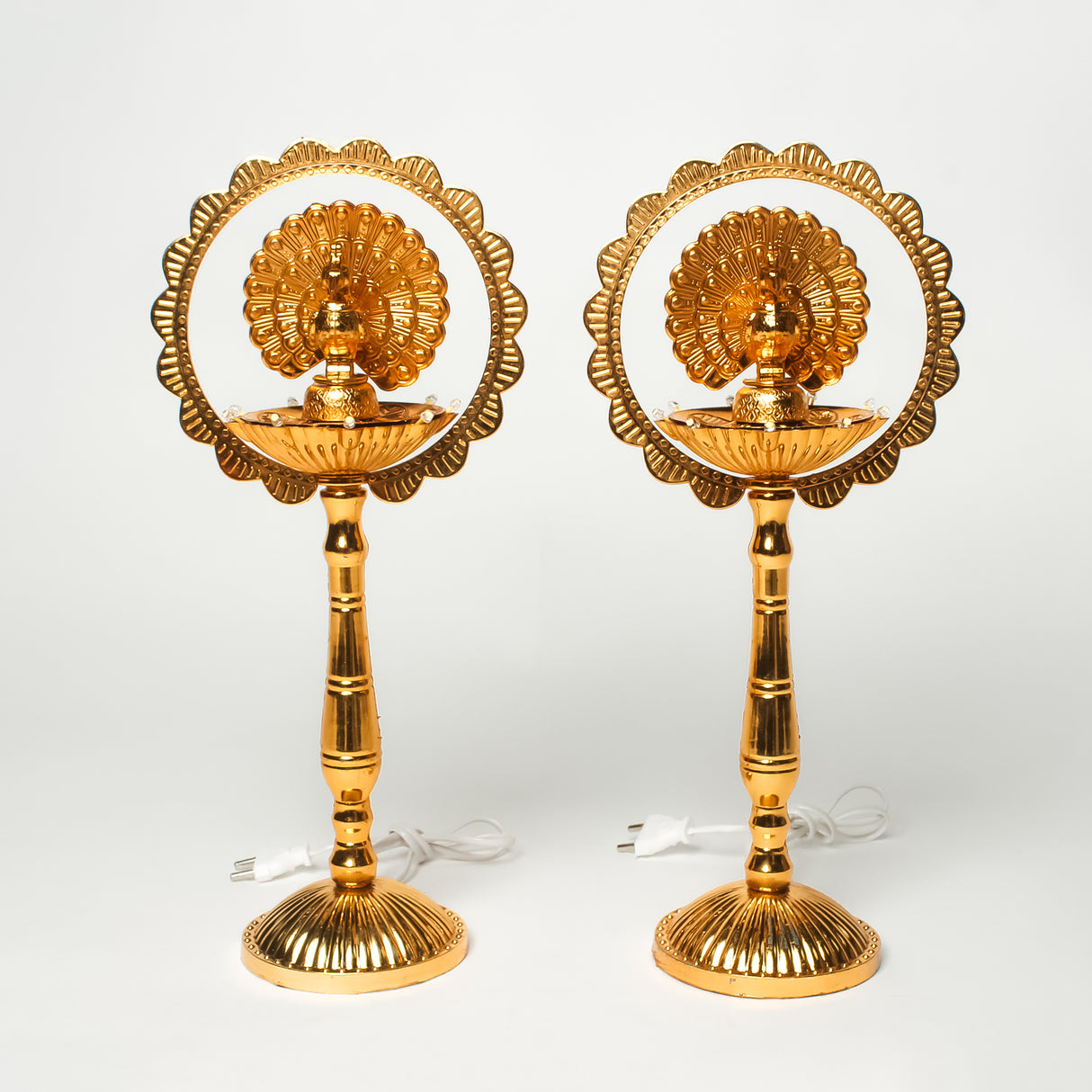 Saleberate Electric LED Diya Lamp - Golden Plastic Pooja Light with Peacock Design - Home Temple Decor, Mandir Diya for Diwali & Religious Ceremonies (15 Inch)