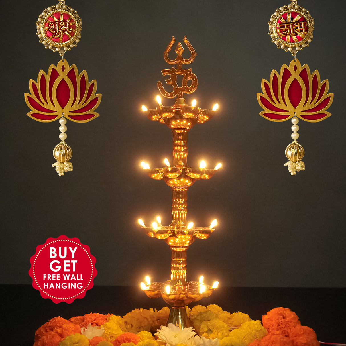 Get FREE Wall Hanging | Electric Diya Lamp for Mandir Décor | OM & Trishul Design | Multi-Level Deepam Vilakku for Diwali, Pooja, Temple, and Home Décor