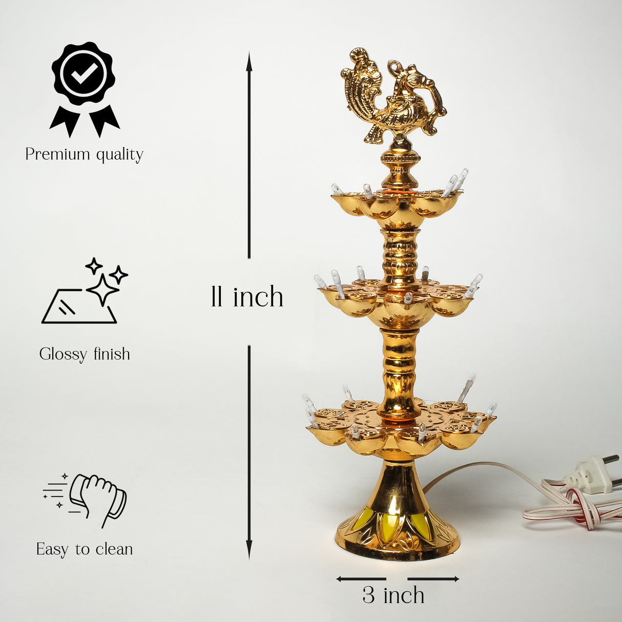 Electric Golden Peacock Top LED Diya Lamp for Pooja Room, Mandir Decoration & Diwali Festival – 11 Inch