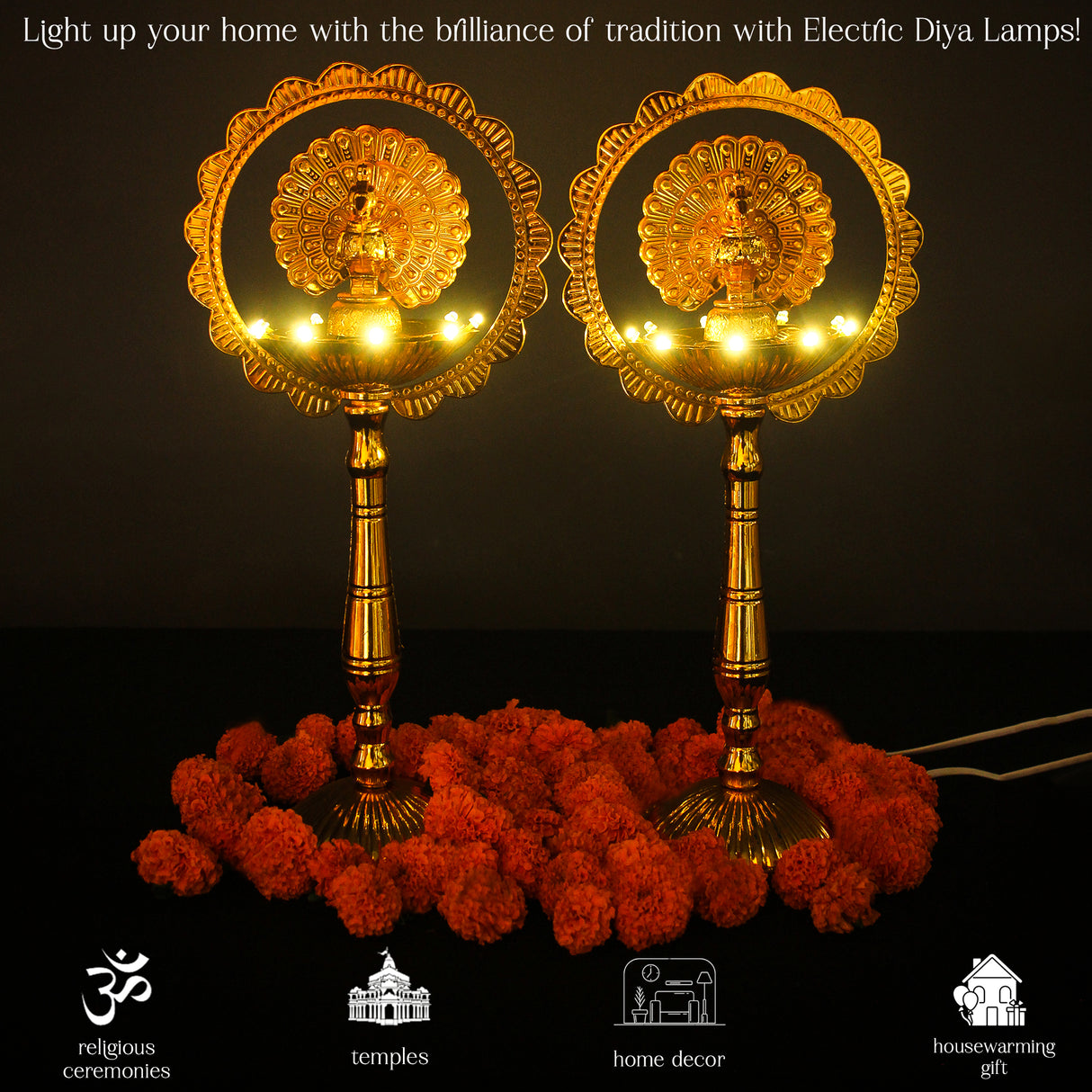 Saleberate Electric LED Diya Lamp - Golden Plastic Pooja Light with Peacock Design - Home Temple Decor, Mandir Diya for Diwali & Religious Ceremonies (15 Inch)