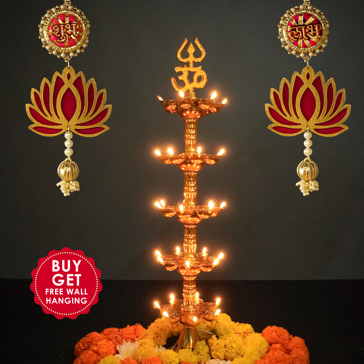 Get FREE Wall Hanging | Electric Diya Lamp for Mandir Décor | OM & Trishul Design | Multi-Level Deepam Vilakku for Diwali, Pooja, Temple, and Home Décor