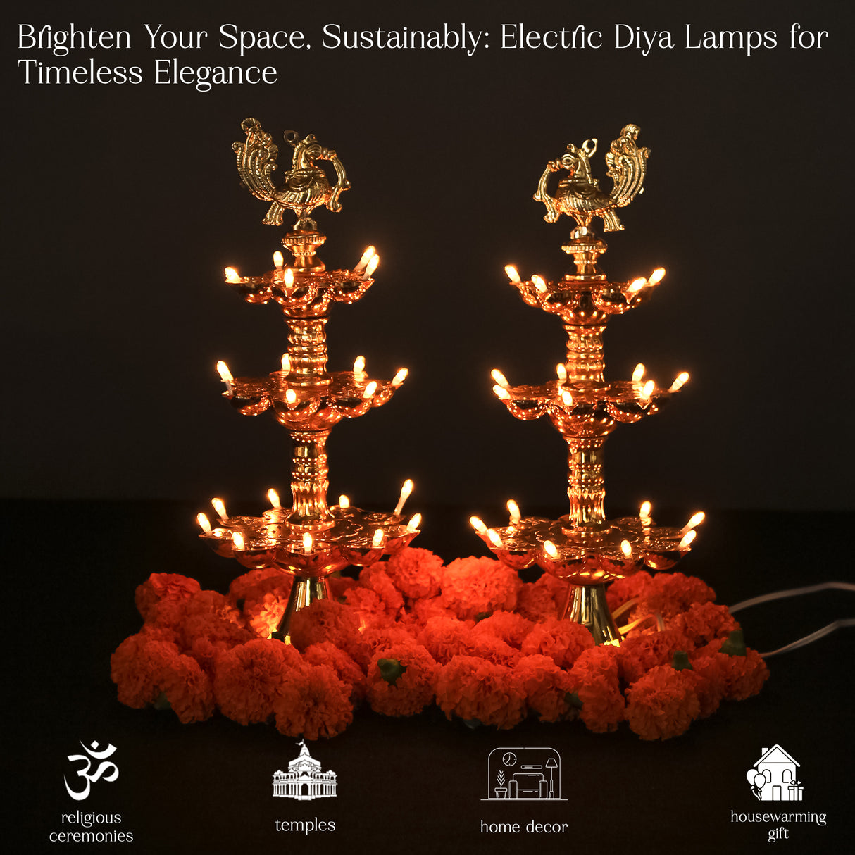 Electric Golden Peacock Top LED Diya Lamp for Pooja Room, Mandir Decoration & Diwali Festival – 11 Inch