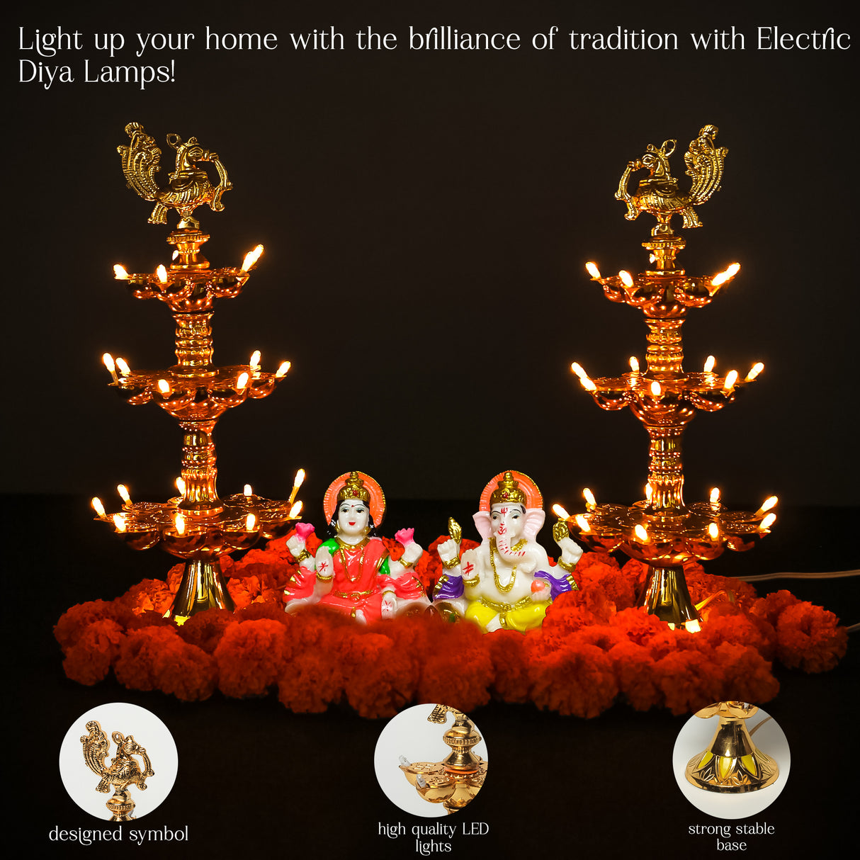 Electric Golden Peacock Top LED Diya Lamp for Pooja Room, Mandir Decoration & Diwali Festival – 11 Inch