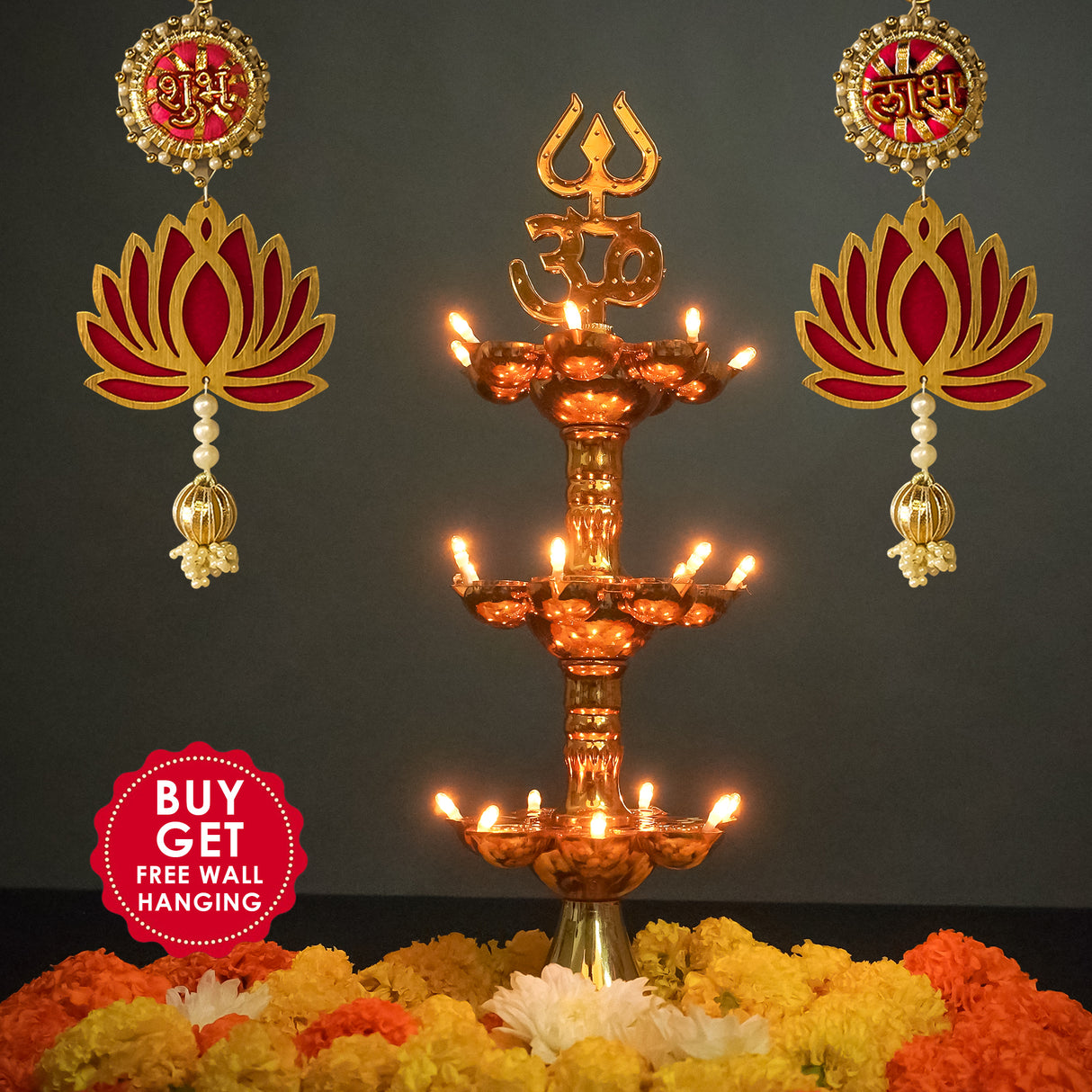Get FREE Wall Hanging | Electric Diya Lamp for Mandir Décor | OM & Trishul Design | Multi-Level Deepam Vilakku for Diwali, Pooja, Temple, and Home Décor