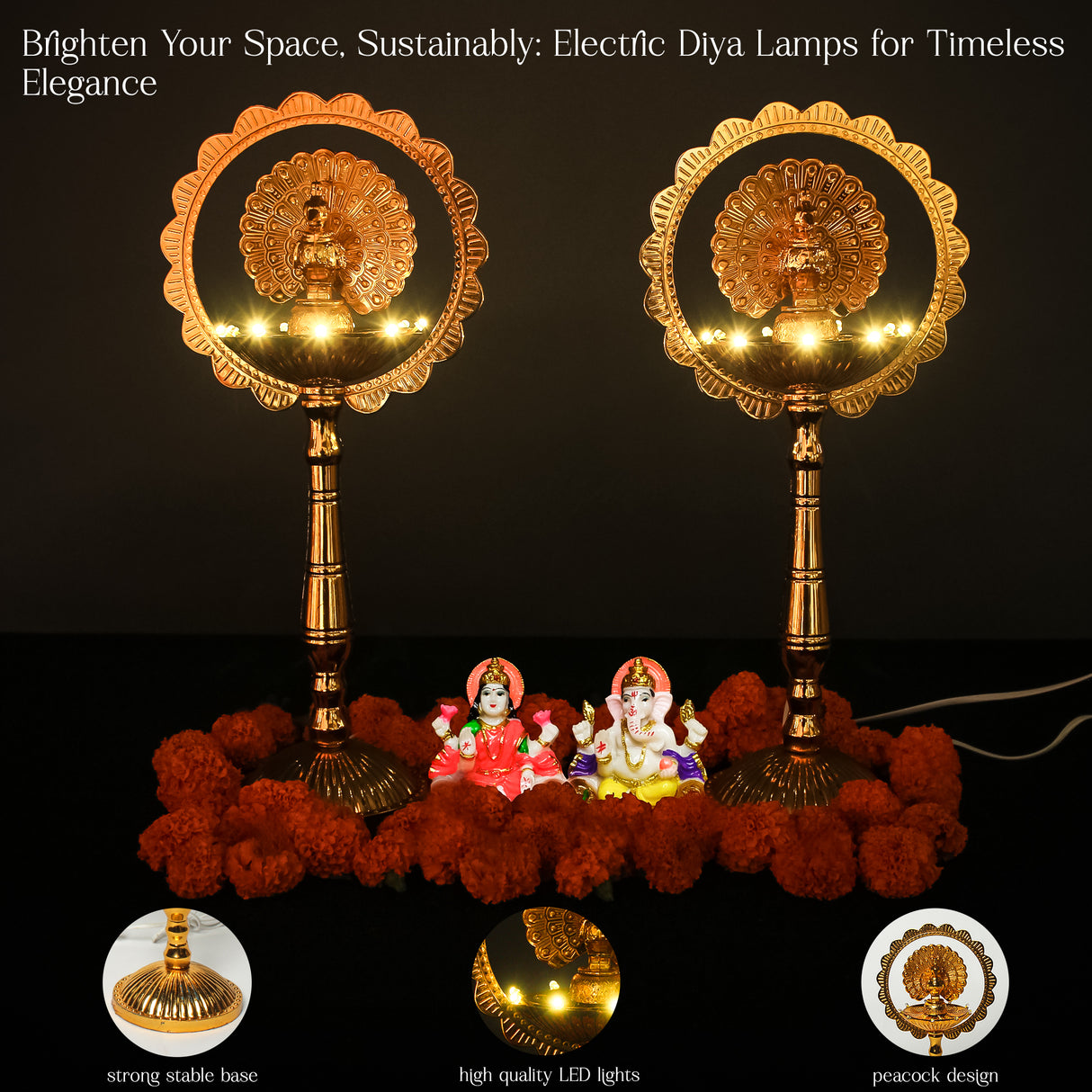 Saleberate Electric LED Diya Lamp - Golden Plastic Pooja Light with Peacock Design - Home Temple Decor, Mandir Diya for Diwali & Religious Ceremonies (15 Inch)