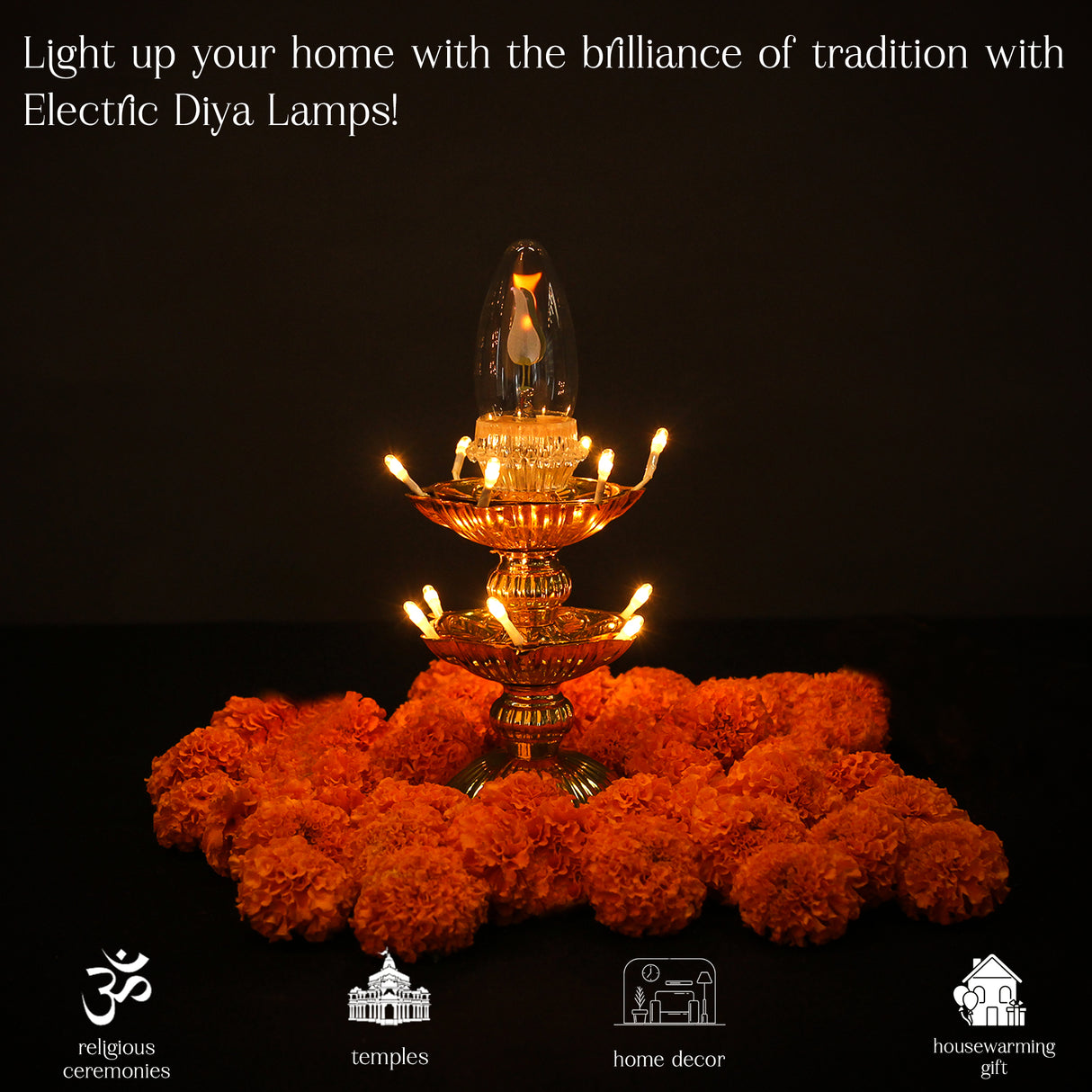 Electric Golden LED Pooja Diya Lamp with Flame Bulb – Mandir Decoration & Festival Lighting