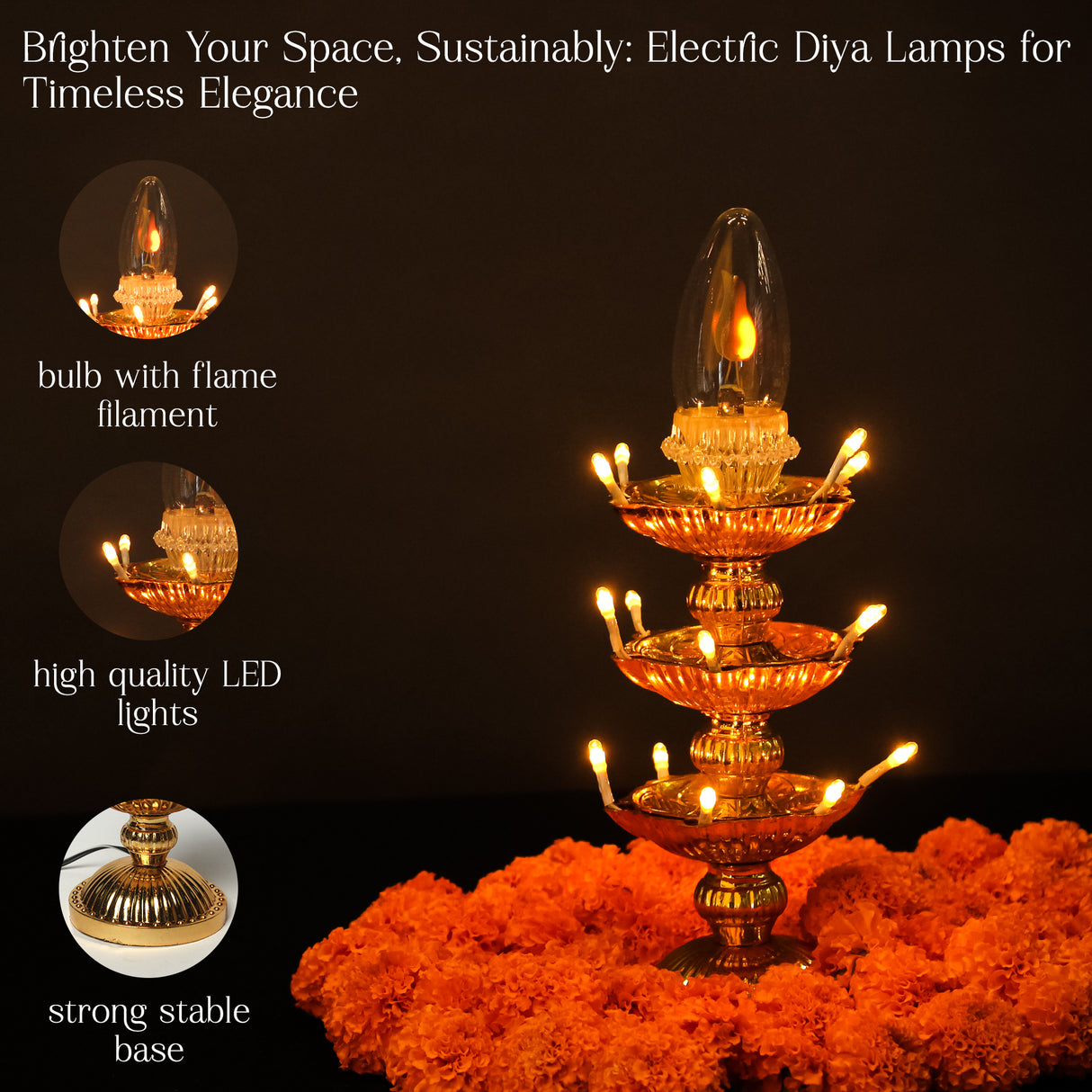 Electric Golden LED Pooja Diya Lamp with Flame Bulb – Mandir Decoration & Festival Lighting