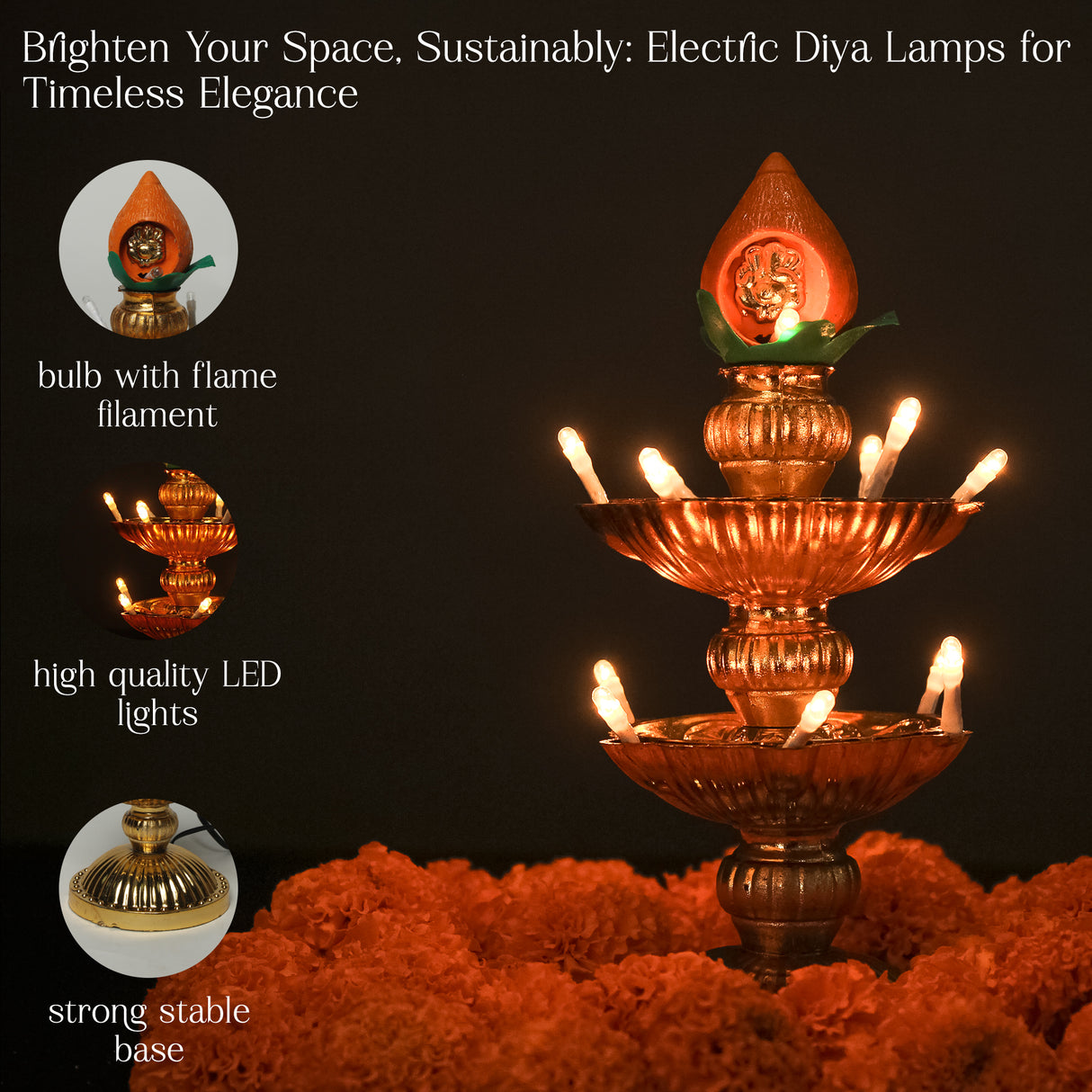 Saleberate Electric Golden LED Diya Lamp with Flame Design | Multi-Layer Temple Pooja Diya Light for Home, Mandir & Festivals