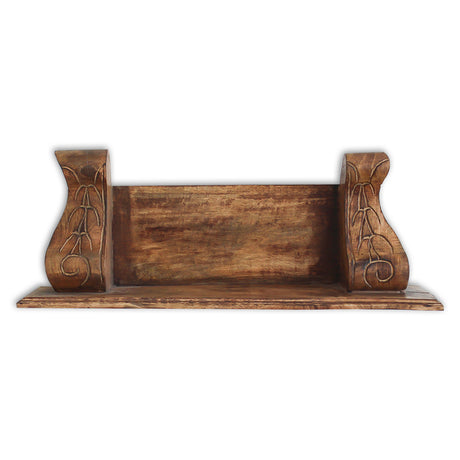Rustic, Decorative Display, Artistic carved detailing, high-quality wood, minimalist shelf design, plants, books, vintage interior styles.