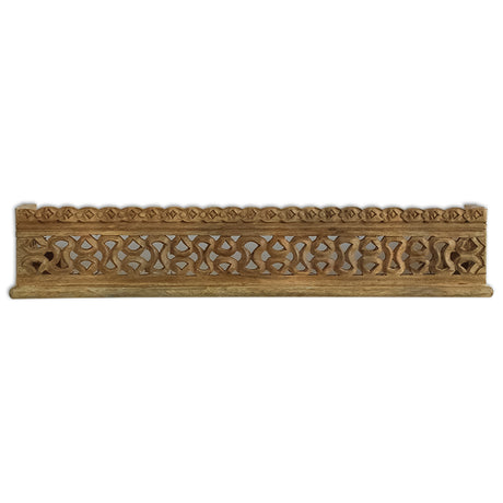 Wooden wall shelf, intricate carvings, home decor, vintage charm, rustic aesthetic, decorative items, solid wood, small plants, entryways, traditional interiors, contemporary interiors, natural wood finish.