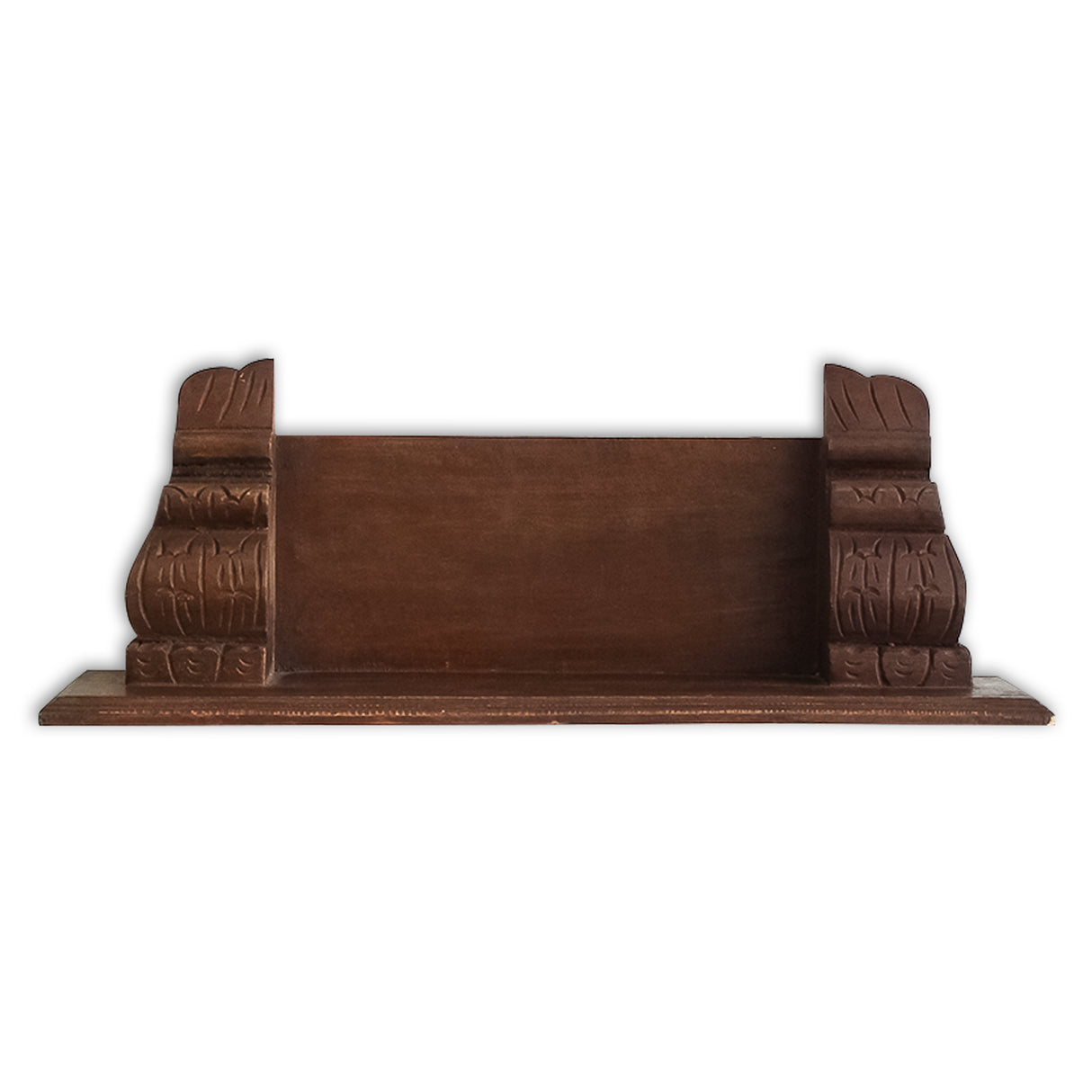 distressed wooden shelf, vintage carvings, premium quality wood, stylish storage solution, decorative items