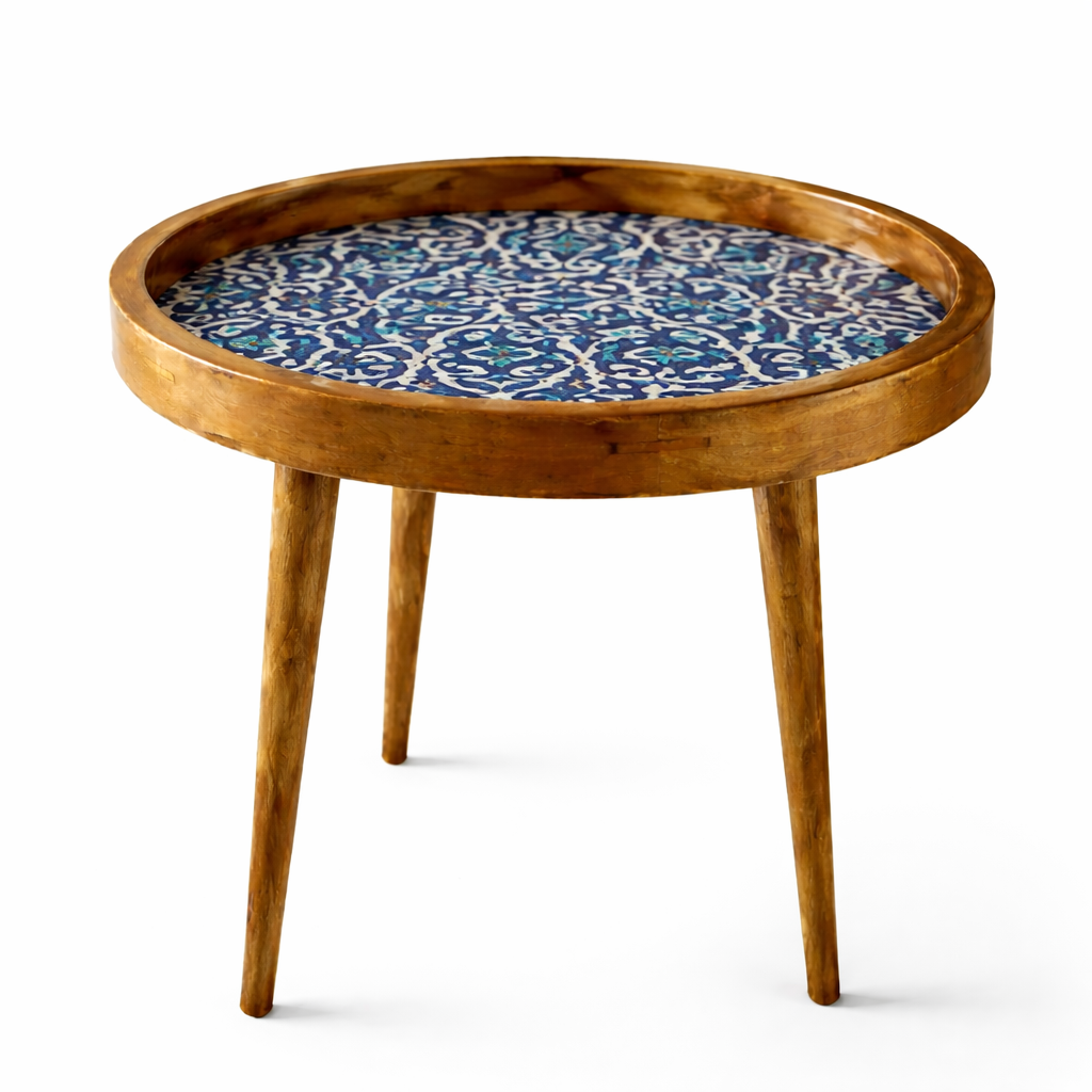 Handcrafted Wooden Round Side Table with Decorative Inlay Top – Solid Wood Accent Table for Living Room, Bedroom & Home Décor