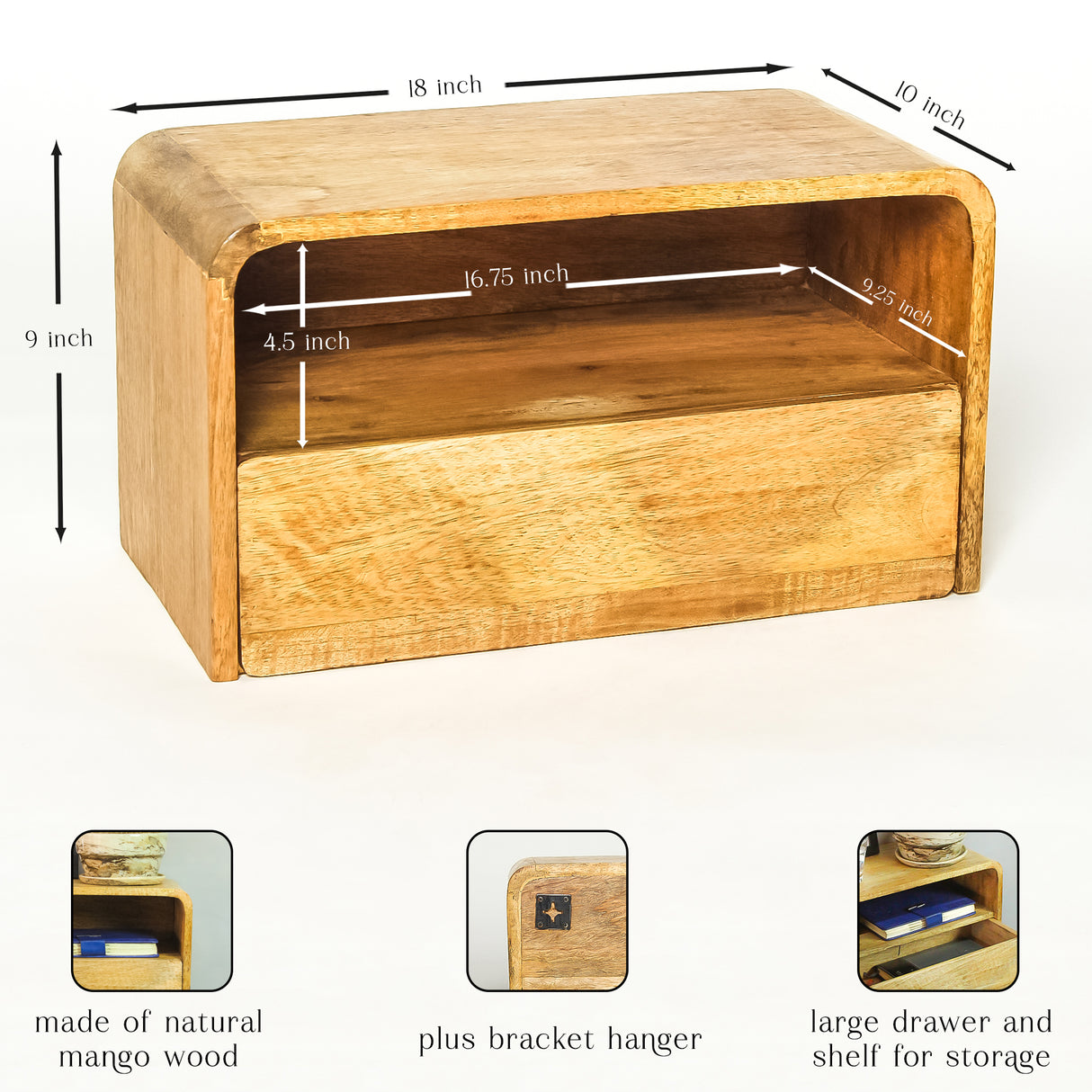 Modern Floating Side Table with Drawer, Wooden Shelf, 18"x10"x9" (Natural)