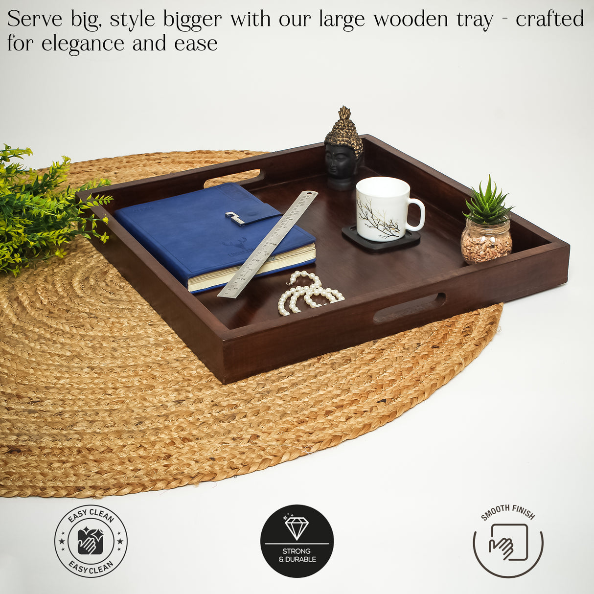 Premium Wooden Serving Tray with Handles – 19x19 Inches, Dark Finish
