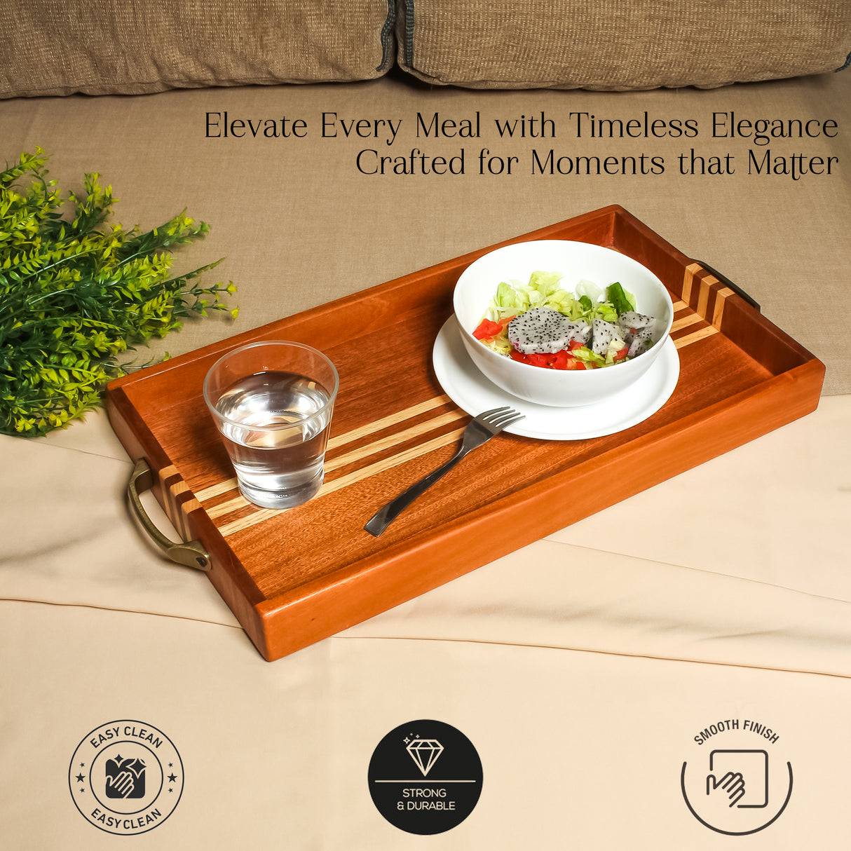 Handcrafted Wooden Serving Tray with Metal Handles – Elegant and Durable Design