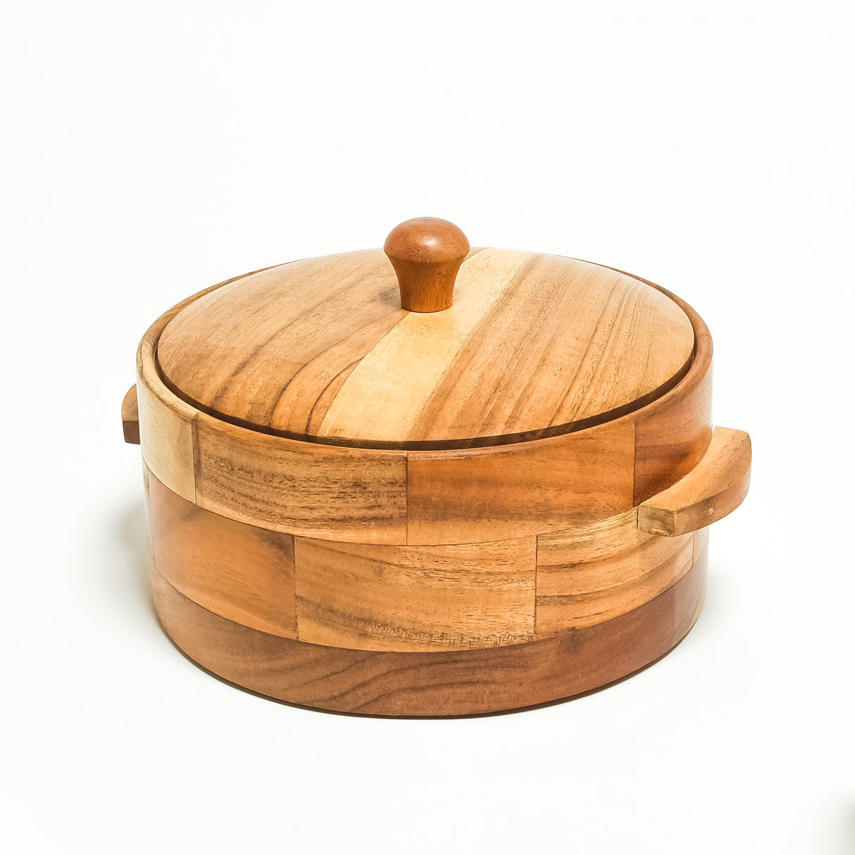Handcrafted Wooden Casserole with Lid – 8.5 Inch Round Acacia Wood Serving Dish with Handles