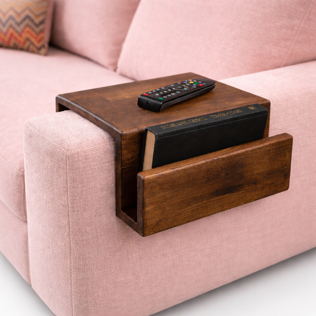 Wooden Sofa Arm Tray Table with Side Pocket – Couch Armrest Organizer for Remote, Books & Snacks – Non-Slip Couch Arm Table for Living Room – Rustic Brown Finish
