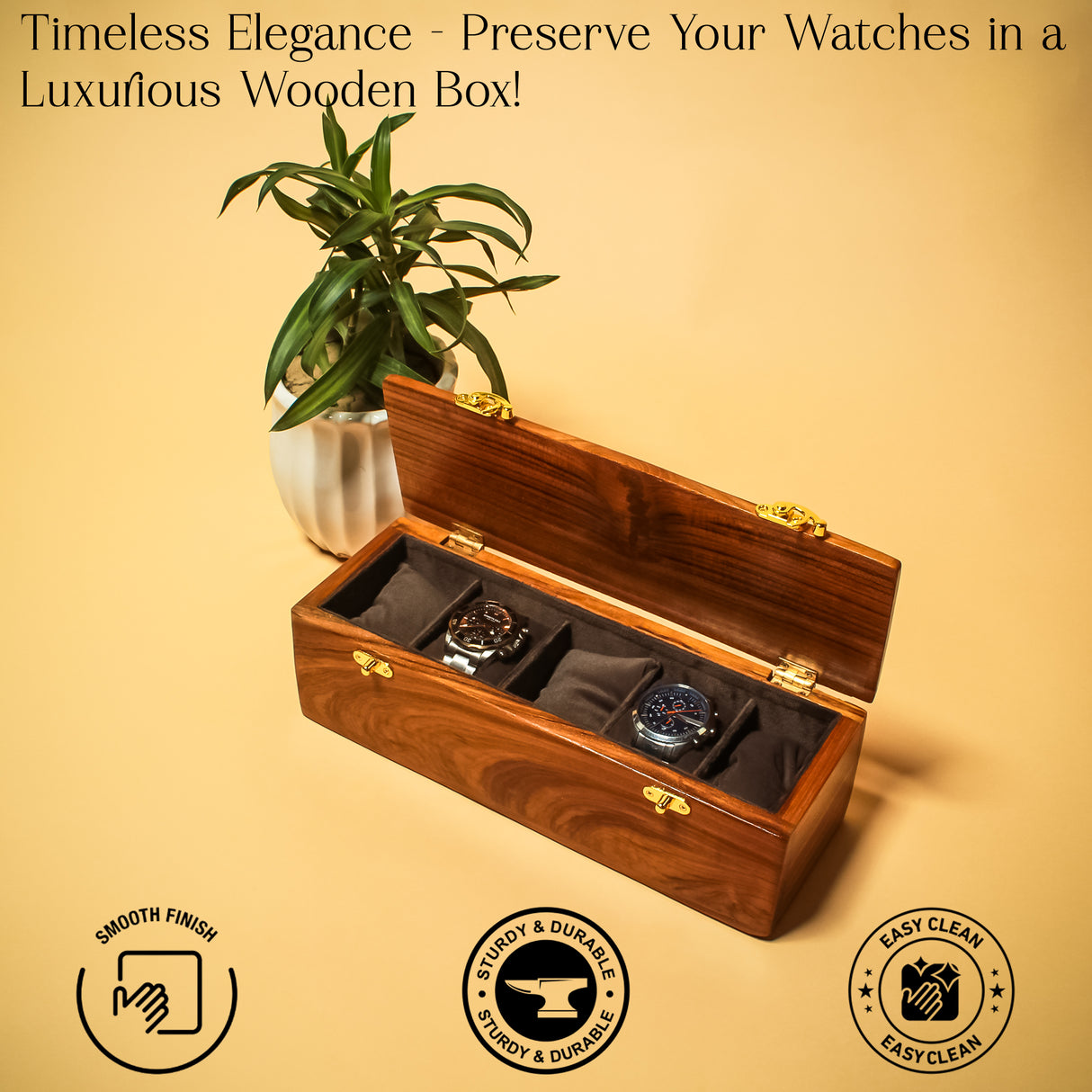 Premium 5-Slot Wooden Watch Box Organizer – Solid Wood Lid – American Walnut & Teak Variants