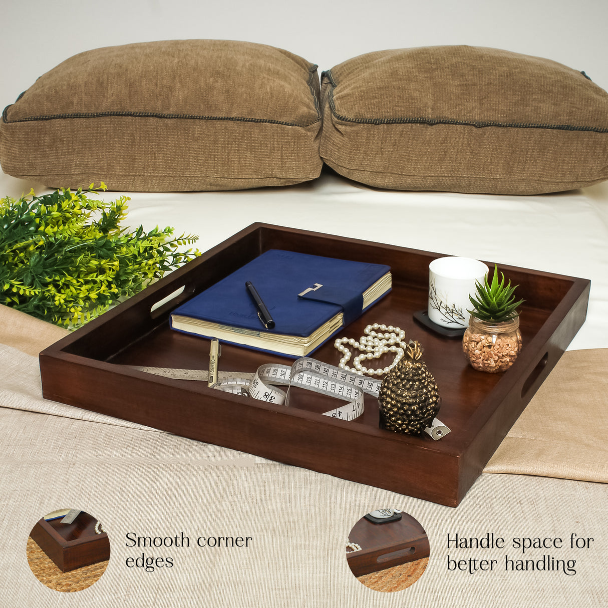 Premium Wooden Serving Tray with Handles – 19x19 Inches, Dark Finish