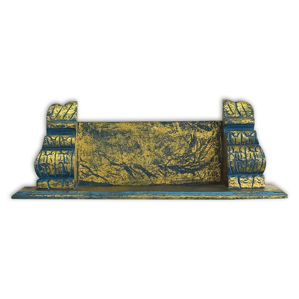 Antique-Style, Distressed Wooden, Wall Shelf, Rustic Blue, Aged Look, Decorative Carvings, Vintage Elegance, High-Quality Solid Wood, Durable Construction, Wall-Mounted Design, Space-Saving, Display Decor, Books