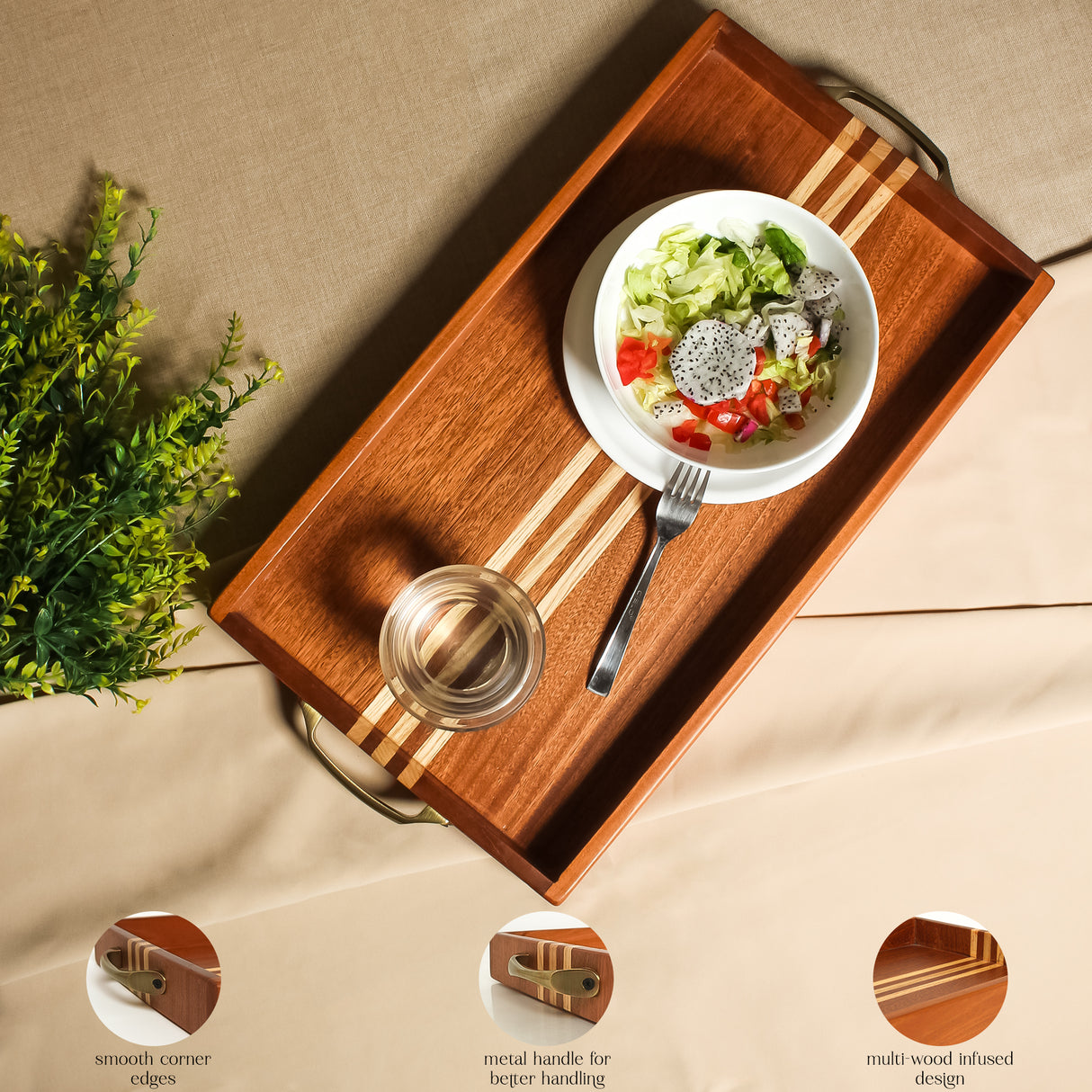 Handcrafted Wooden Serving Tray with Metal Handles – Elegant and Durable Design