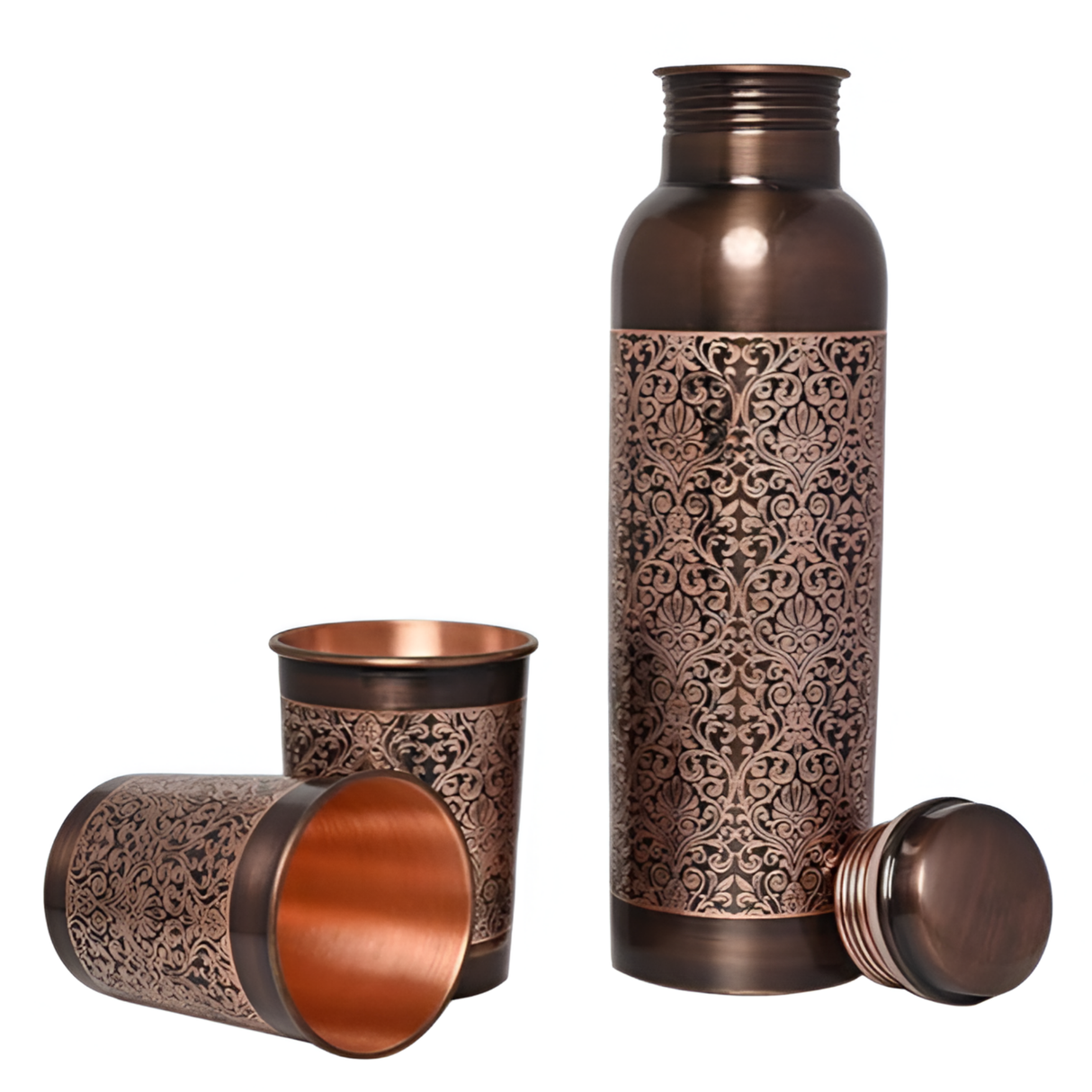 Ayurvedic, Copper water bottle, Copper glasses, Leakproof copper bottle, Eco-friendly, Home décor, Gift item, Antibacterial properties, Kitchenware, Hydration, Stylish serving set