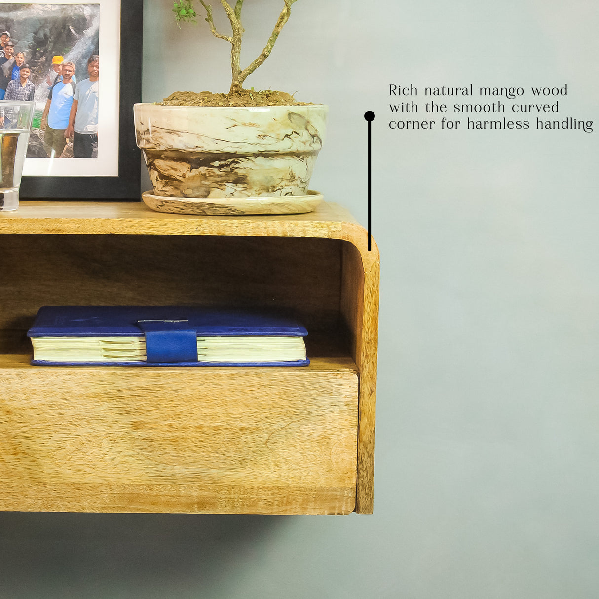 Modern Floating Side Table with Drawer, Wooden Shelf, 18"x10"x9" (Natural)