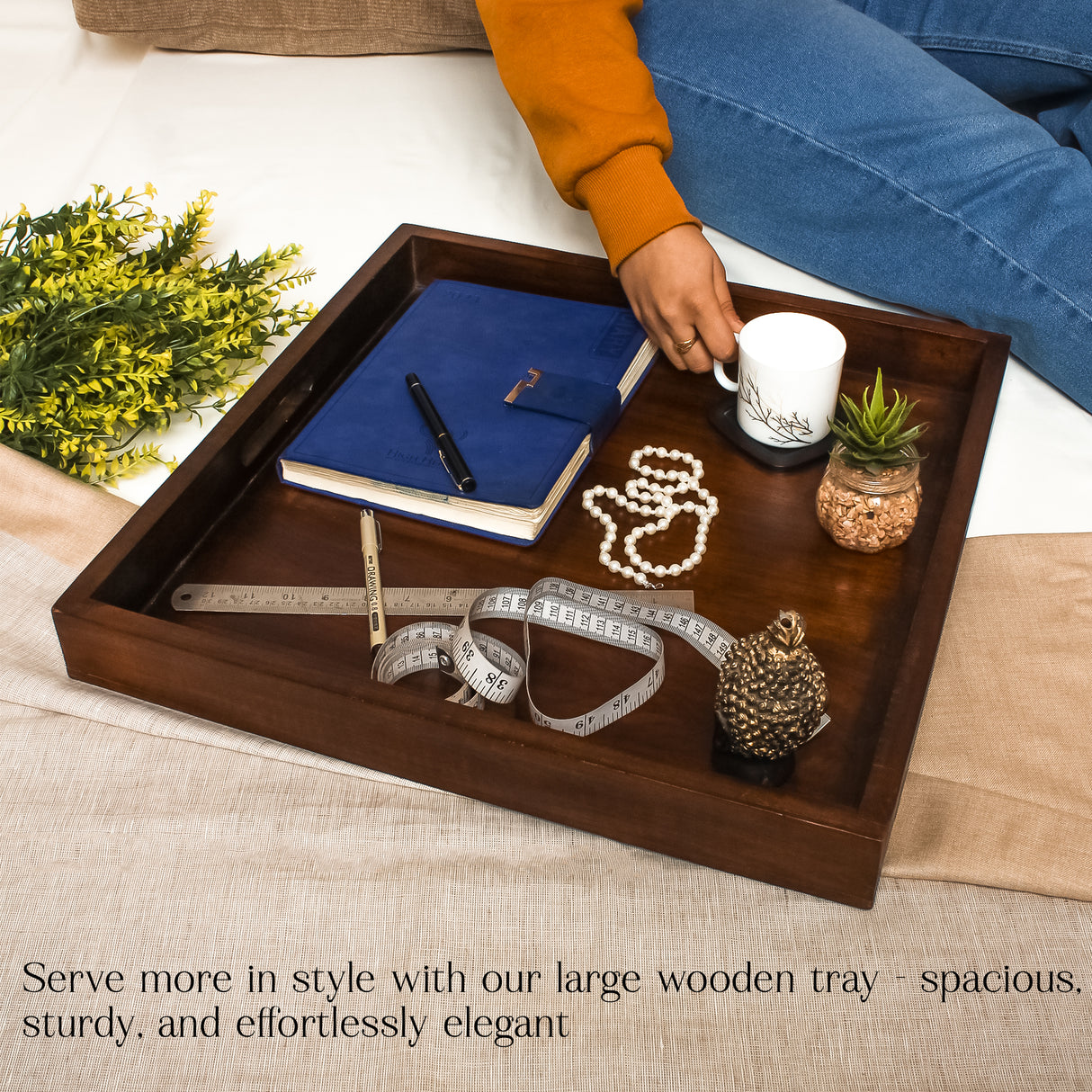 Premium Wooden Serving Tray with Handles – 19x19 Inches, Dark Finish