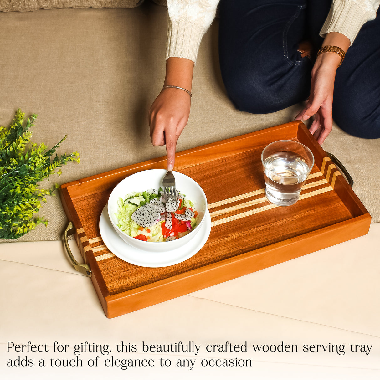 Handcrafted Wooden Serving Tray with Metal Handles – Elegant and Durable Design