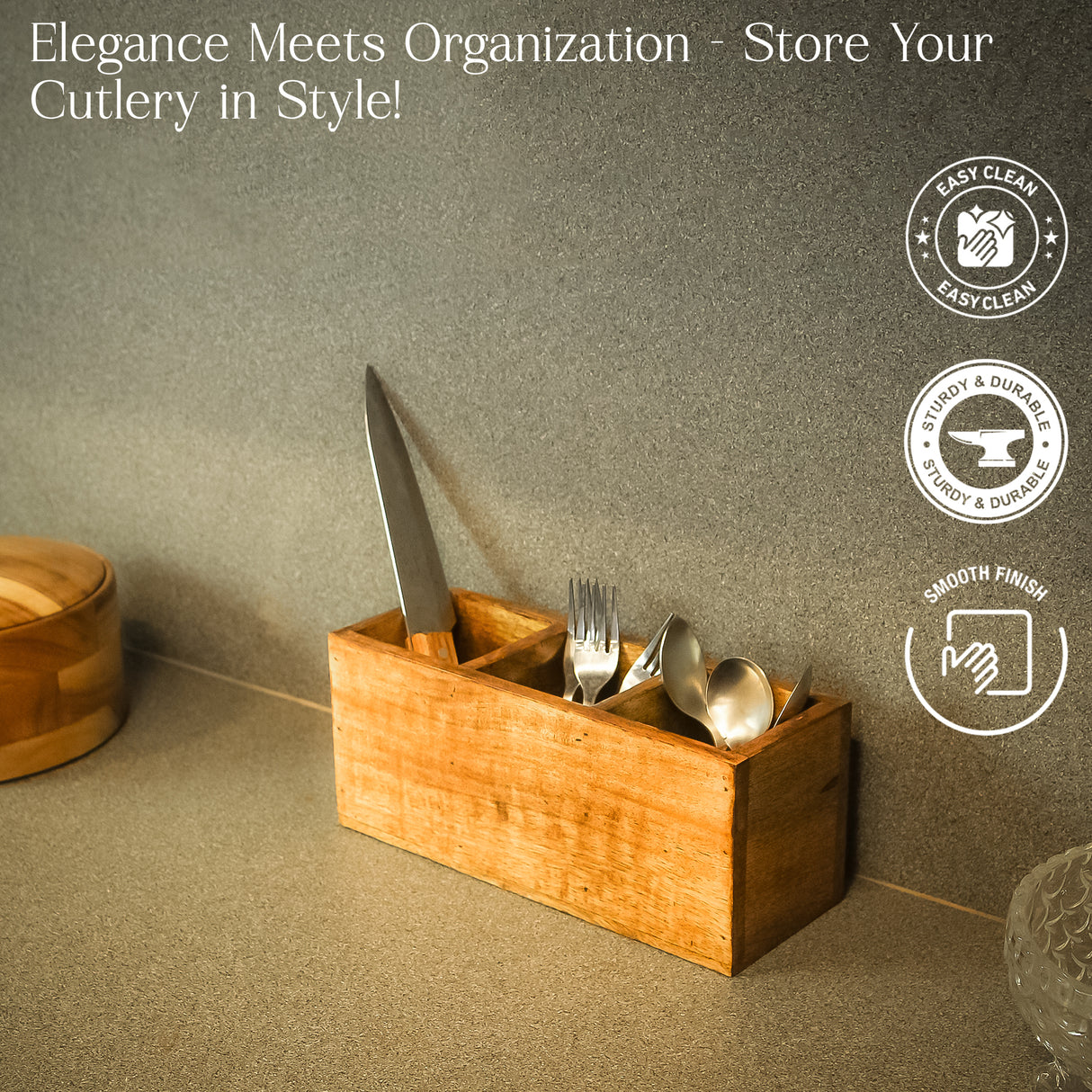 Wooden Cutlery Holder – 3 Compartment Utensil Organizer – Handmade for Spoons & Forks.