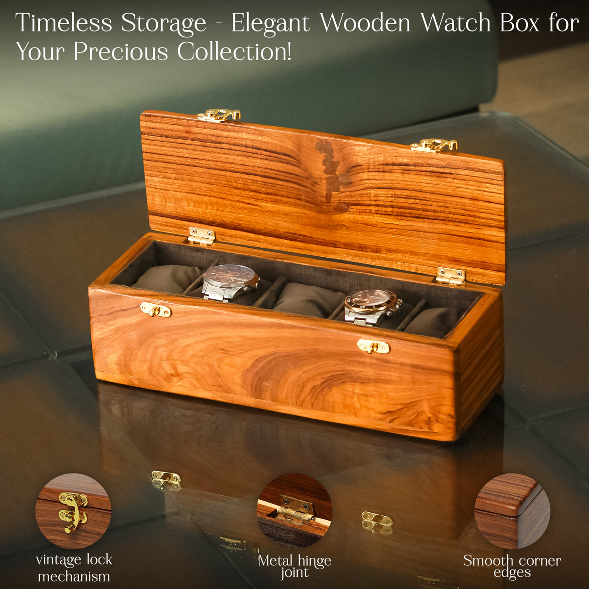 Premium 5-Slot Wooden Watch Box Organizer – Solid Wood Lid – American Walnut & Teak Variants