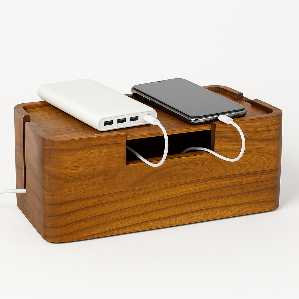 Handcrafted Wooden Cable Management Box - Premium Power Strip & Wire Organizer for Desk and Bedside
