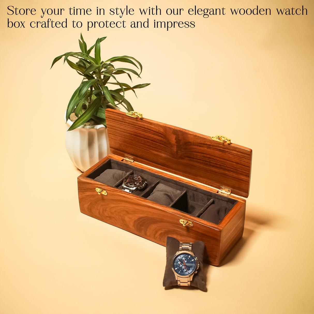 Premium 5-Slot Wooden Watch Box Organizer – Solid Wood Lid – American Walnut & Teak Variants