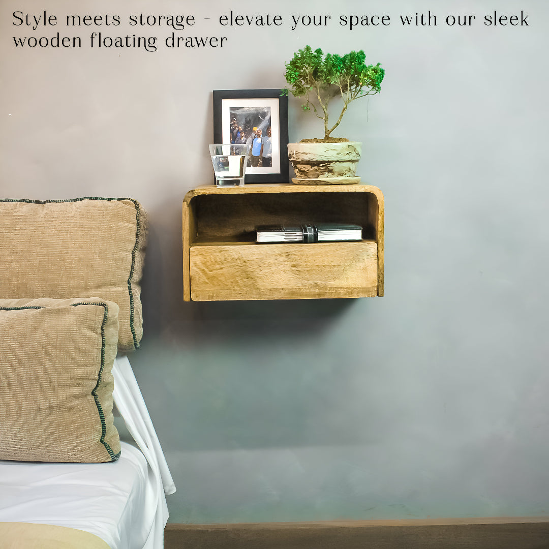 Modern Floating Side Table with Drawer, Wooden Shelf, 18"x10"x9" (Natural)