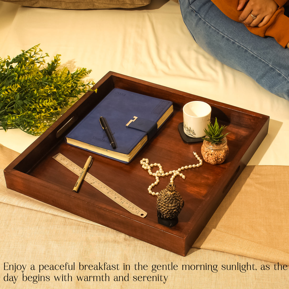 Premium Wooden Serving Tray with Handles – 19x19 Inches, Dark Finish