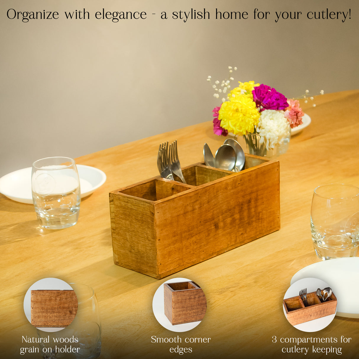 Wooden Cutlery Holder – 3 Compartment Utensil Organizer – Handmade for Spoons & Forks.