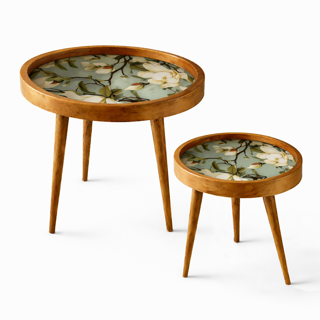Handcrafted Wooden Coffee Table Set of 2 – Round Nesting Side Tables with Floral Inlay Top – Solid Wood Accent Tables for Living Room, Balcony & Bedroom Décor