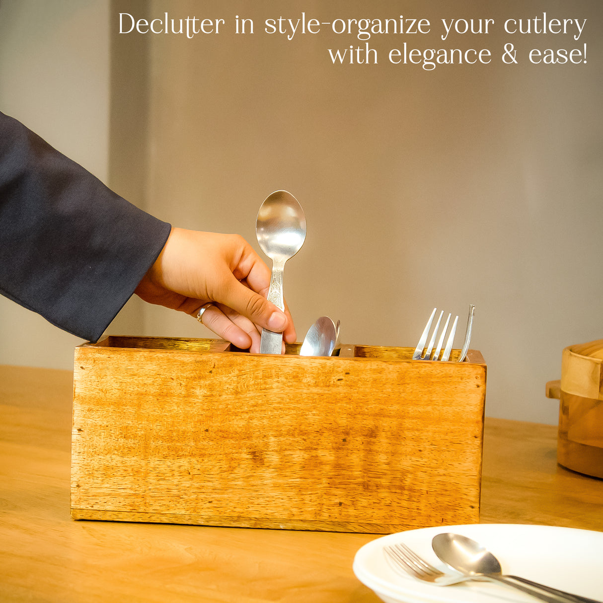 Wooden Cutlery Holder – 3 Compartment Utensil Organizer – Handmade for Spoons & Forks.