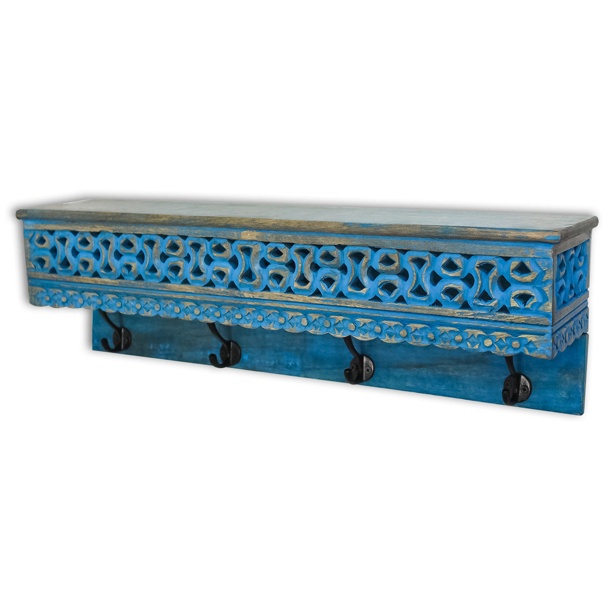 Handcrafted, Wooden Shelf, Floating Shelf, 4 Hooks, Keys, Hats, Décor, Vintage Appeal, High-Quality Wood, Entryway Storage, Kitchen Hooks, Space-Saving Design.