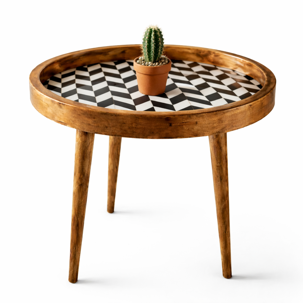 Handcrafted Wooden Round Side Table – Solid Wood Accent Table with Designer Inlay Top for Living Room, Bedroom & Home Décor