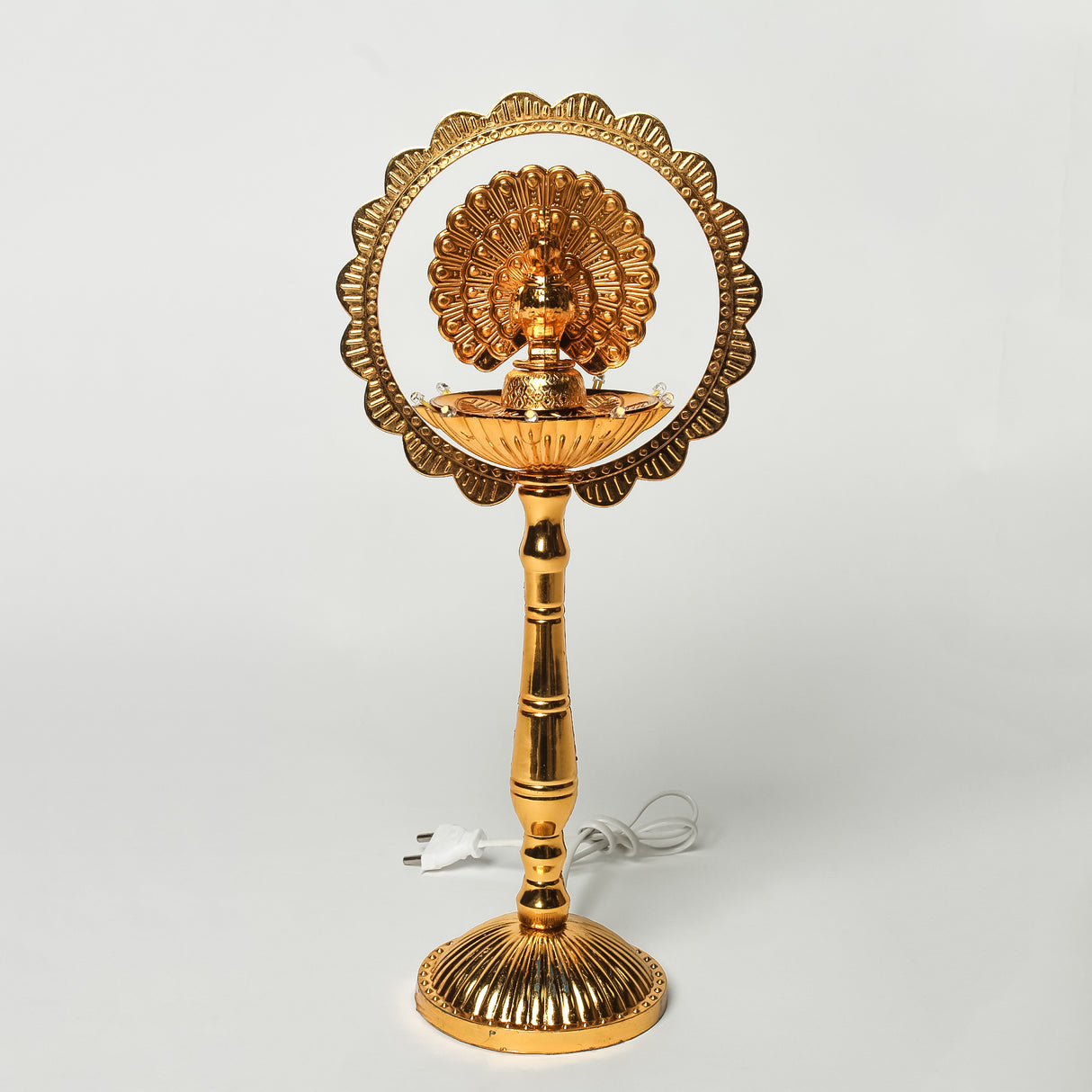 Saleberate Electric LED Diya Lamp - Golden Plastic Pooja Light with Peacock Design - Home Temple Decor, Mandir Diya for Diwali & Religious Ceremonies (15 Inch)