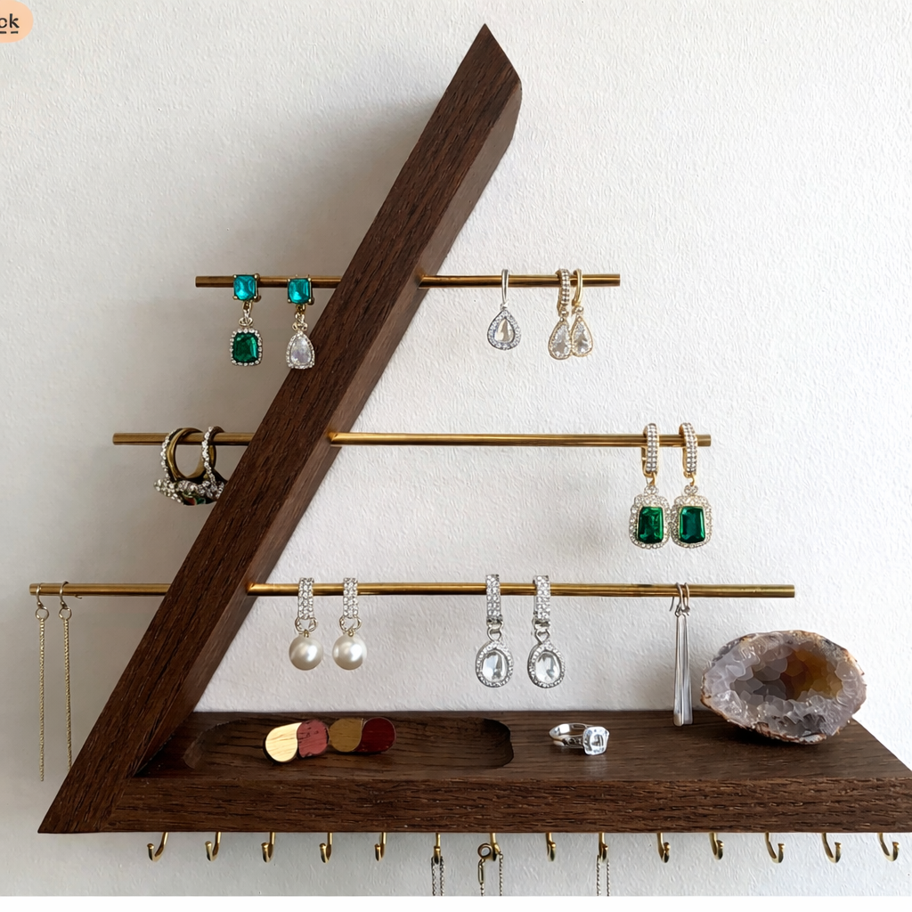 Modern Wooden Jewelry Organizer Wall Shelf with Brass Bars – Sculptural Display & Storage Rack for Necklaces, Earrings & Rings