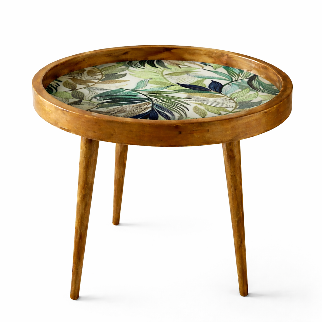 Handcrafted Wooden Round Side Table with Floral Inlay Top – Solid Wood Accent Table for Living Room, Bedroom & Home Décor
