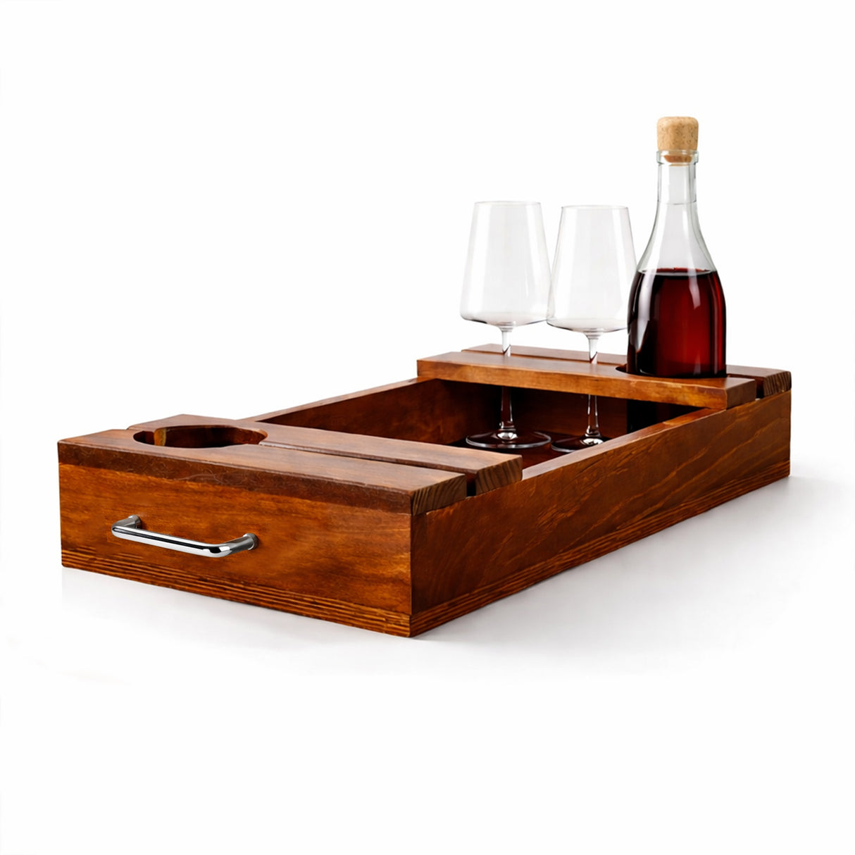 Wooden Wine Serving Tray for Bottle & Glasses – Charcuterie Board with Bronze Handles