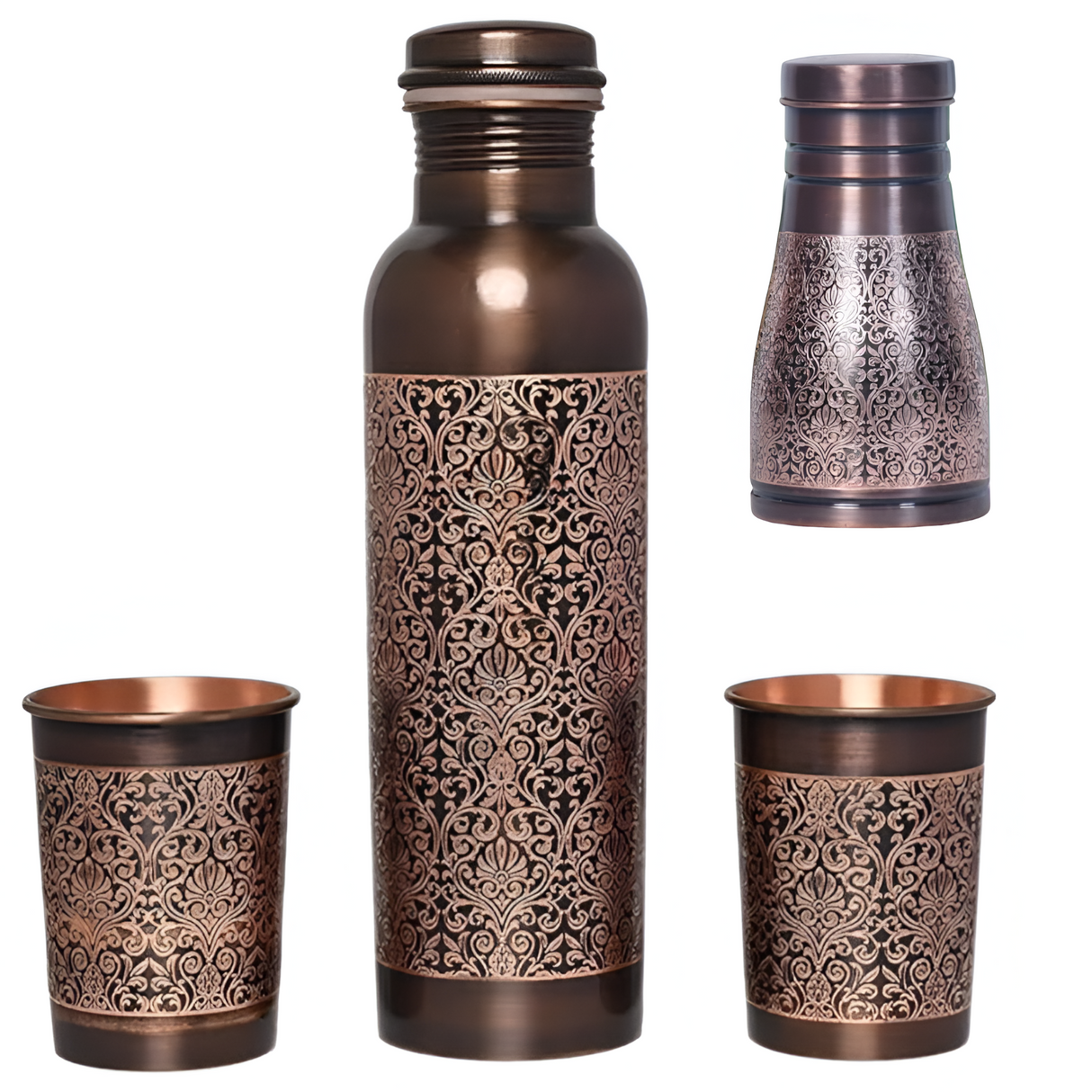 Pure Copper Water Bottle Set with 2 Glasses & Sugar Pot - Health Benefits