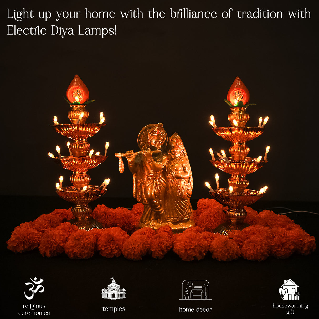 Saleberate Electric Golden LED Diya Lamp with Flame Design | Multi-Layer Temple Pooja Diya Light for Home, Mandir & Festivals
